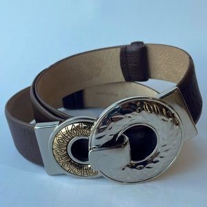 CHICO’S BELT ADJUSTABLE WOMENS M/L TWO TONE GOLD SILVER BROWN LEATHER RN#79984